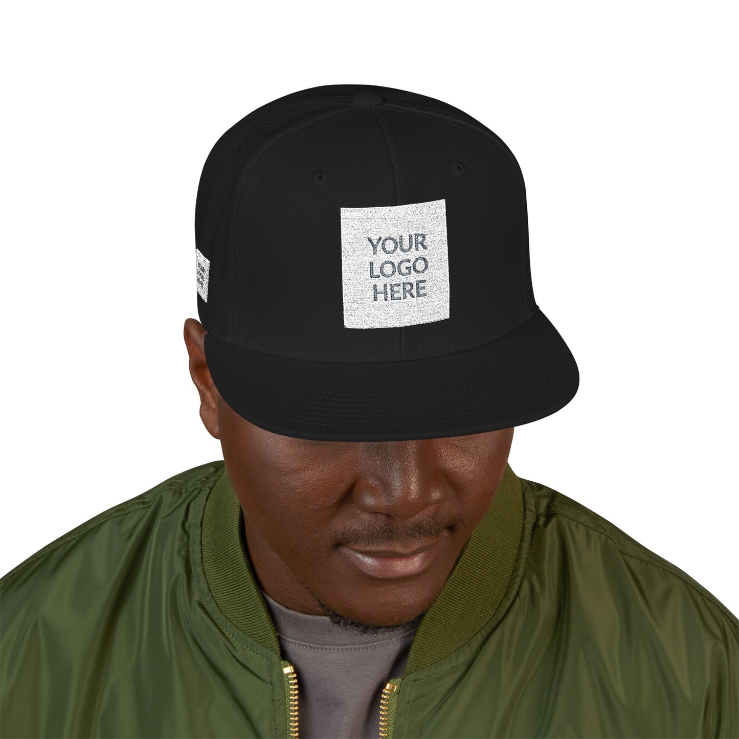 Embroidered Snapback Hat — Distressed Block Patch Design